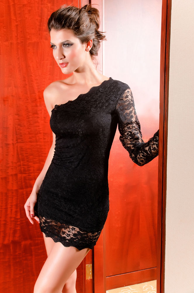 Lace Decoration One Sleeve Sexy One-Piece Dress Black Red White 2384