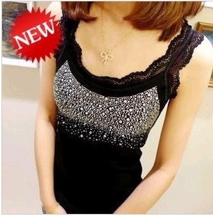 Lace decoration rhinestones solid color ,All-match spaghetti strap vest basic shirt rhinestones vest,Fast Free shipping