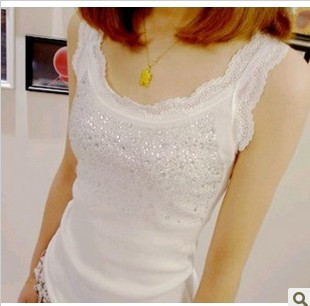 Lace decoration rhinestones solid color all-match spaghetti strap vest basic tank 100% cotton shirt