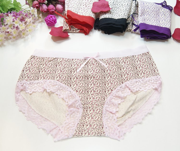 Lace decoration sexy leopard print small bow female panties pink t1021