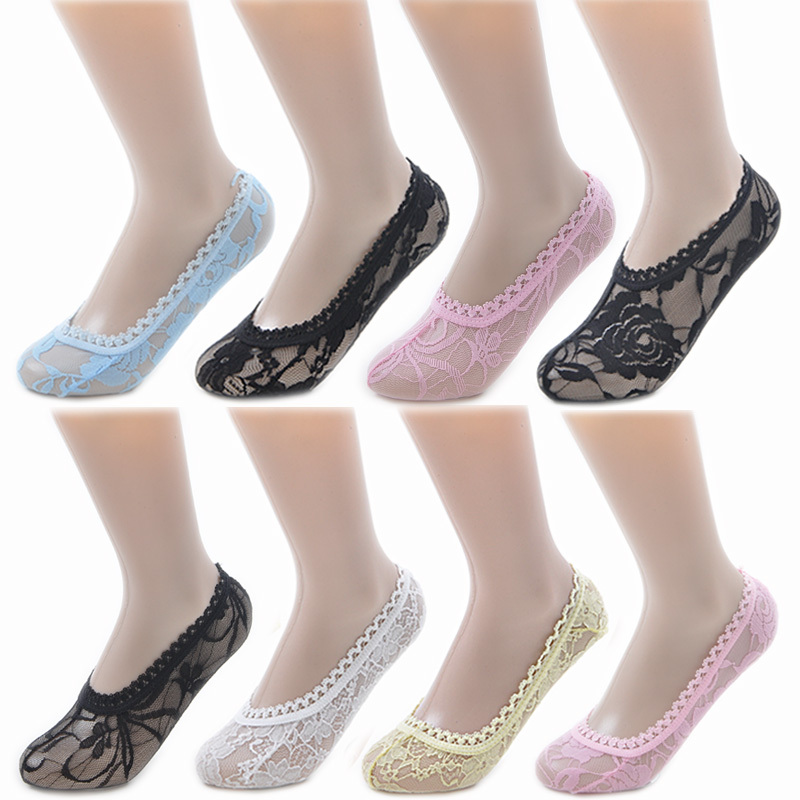 Lace decoration short socks invisible shallow mouth sock slippers female socks summer candy color fishnet stockings