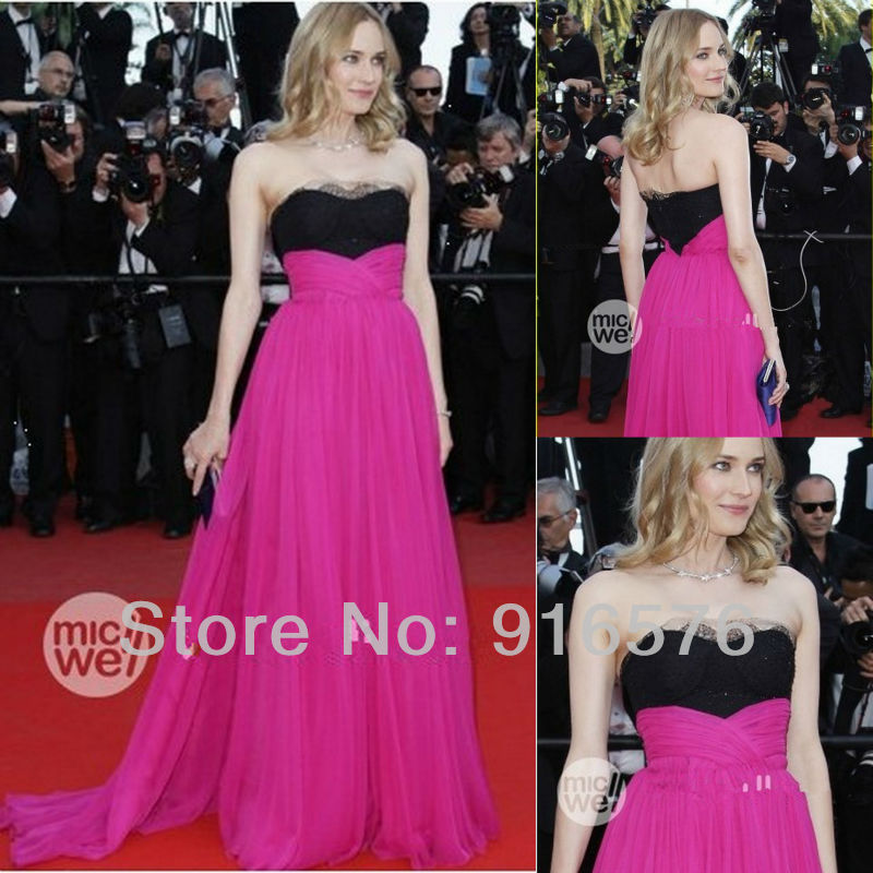 lace evening dresses long red carpet dress 2013 black lace and fuchsia chiffon a lien floor length pleat empire prom in pink