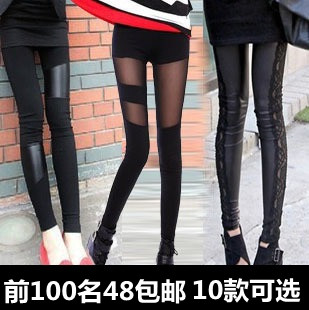 Lace faux leather patchwork legging plus velvet thickening plus size trousers ankle length trousers female 2012