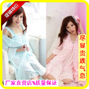 Lace female summer faux silk spaghetti strap robe twinset nightgown sexy sleepwear lounge