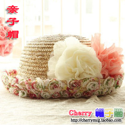 Lace flower straw braid women's small fedoras spring and summer quality natural straw handmade roll-up hem parent-child hat