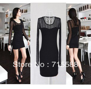 lace gauze stitching Slim bottoming shirt long - sleeved dress