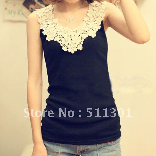 lace hook flower collar hollow stitching cotton women shirt black