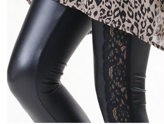 Lace legging lace patchwork faux leather pants elastic female ankle length trousers thickening Free Shipping