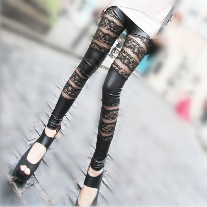 Lace leggings with imitation leather stripes Free Shipping 3042