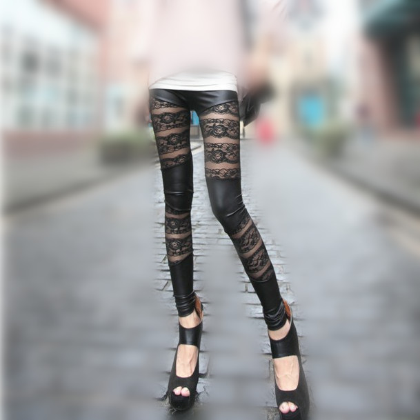 Lace leggings with imitation leather stripes Free Shipping 3042