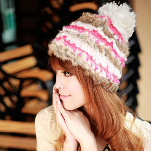 Lace rabbit fur knitted hat knitted hat winter elegant thermal protector ear cap ball hat