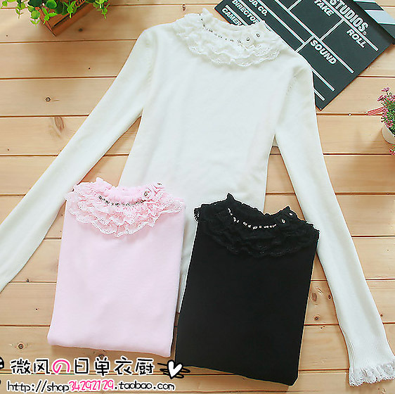 Lace rhinestone rose stand collar slim long-sleeve basic shirt sweater