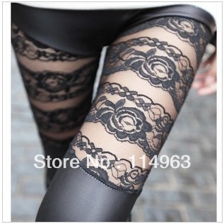 Lace rose faux leather pants patchwork lace patchwork female legging