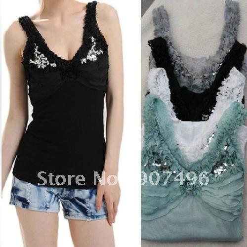 Lace sequined vest / dark V-neck fungus lace sexy Slim straps bottoming shirt+free shipping HOT Selling!!Retail&Wholesale