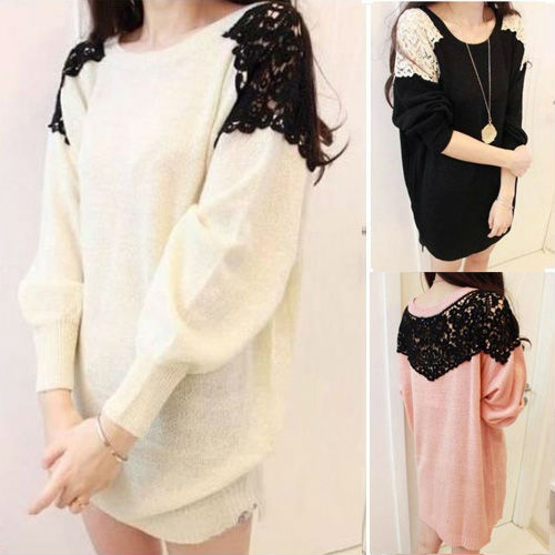 Lace Shoulder OL Sweatshirt Loose Long Sleeve Round Neck Sweater Knitwear 3717