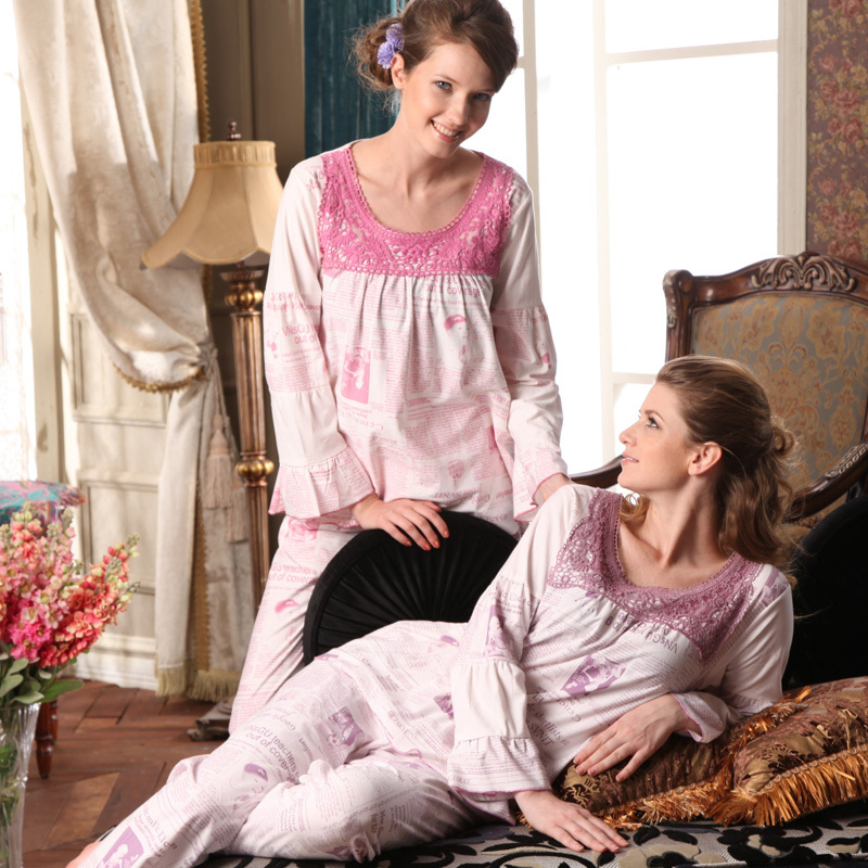 Lace sleepwear autumn long-sleeve o-neck 100% cotton women's sleepwear plus size plus size lounge 9121
