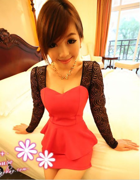 Lace sleeve . square collar slim waist . o slim hip slim one-piece dress