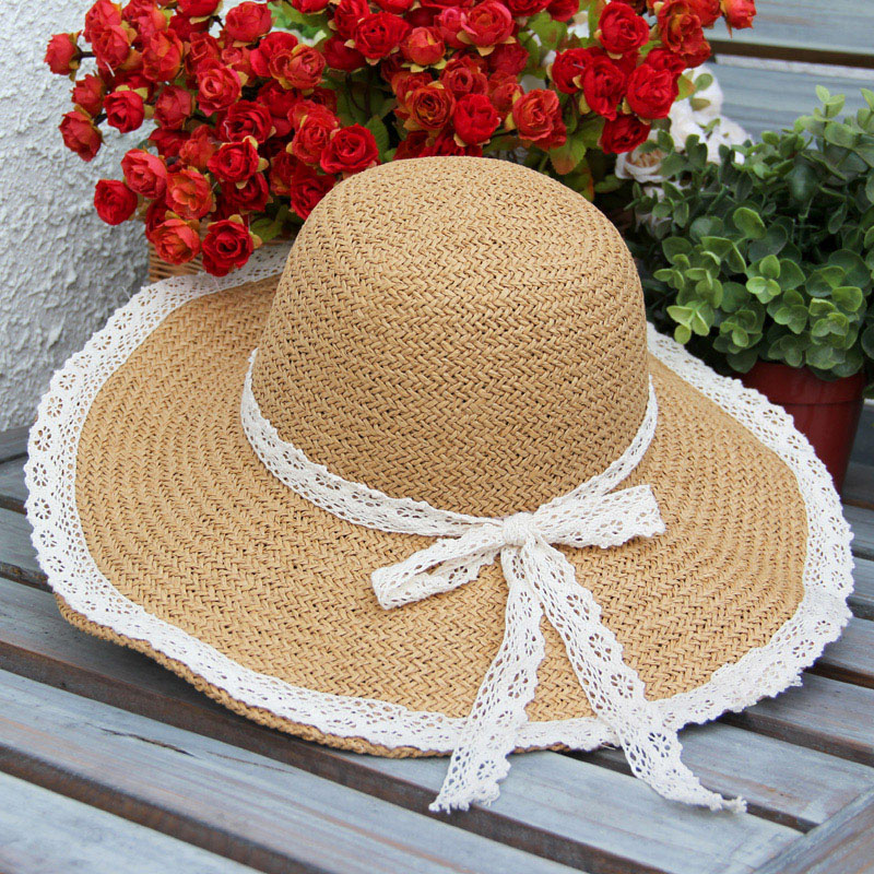 Lace straw braid hat strawhat sunbonnet large brim hat beach cap big along the cap