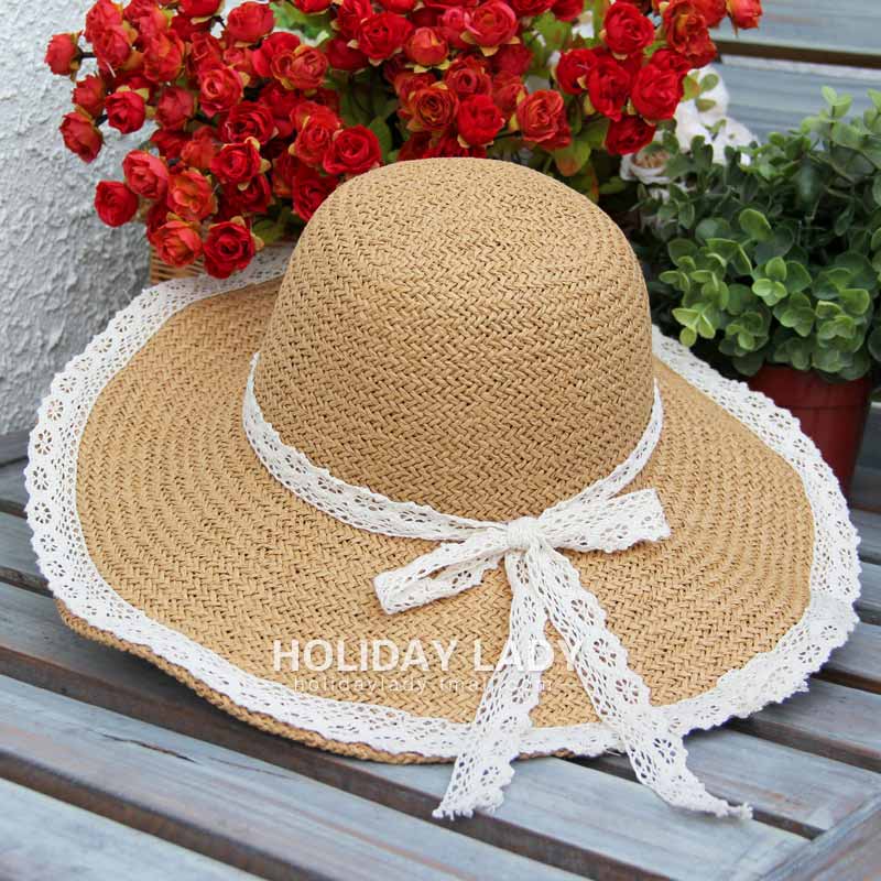 Lace straw braid hat strawhat sunbonnet large brim hat beach cap big along the cap female