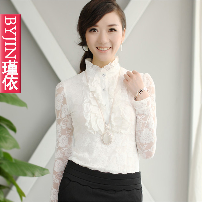 lace the blouse Turtleneck lace women's basic shirt long-sleeve slim ruffle plus velvet lace shirt 8065