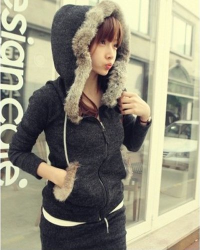 Lace Up Decor Fur Hoody Zipper Skirts Women Clothes Set 2Pcs