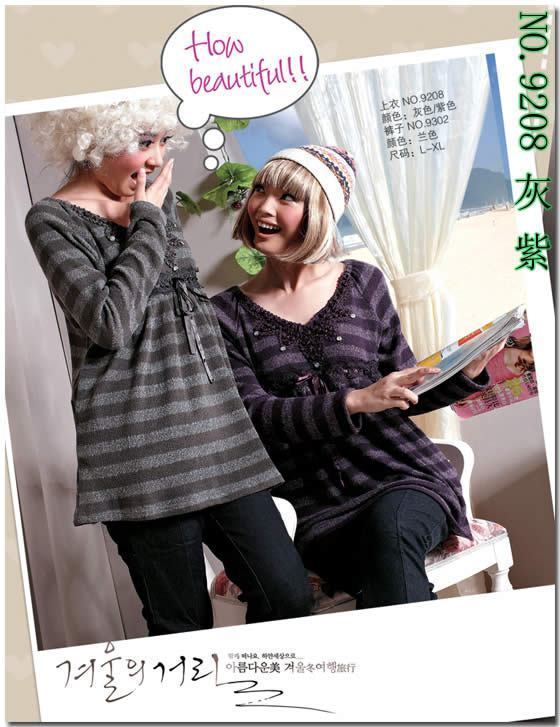 Lace V-neck autumn and winter maternity clothing stripe maternity top