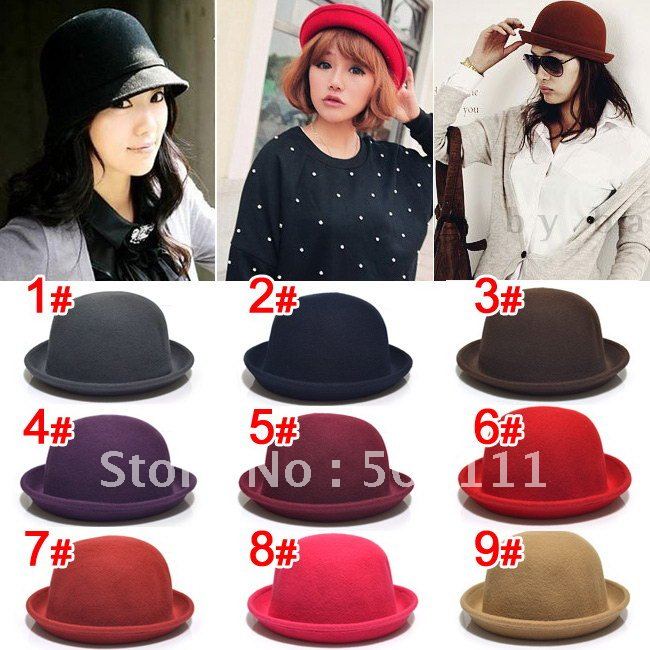 Ladies 100% Wool Fedora Hat Solid Color Round Top Jazz Cap Cashmere hats Fleece caps 10pcs lot MZ501