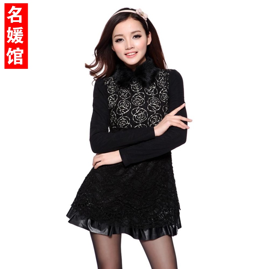 Ladies 2013 female spring rabbit fur double layer skirt long-sleeve dress leather patchwork basic skirt