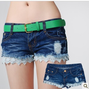 Ladies 2013 Summer Frayed Ripped Lace Hem Denim Shorts Patchwork Shorts Pants With Belt Freeshipping