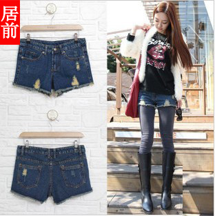 Ladies' autumn and winter distrressed denim shorts tight blue water wash slim hip boot cut jeans 902#7,AC00036,Free Shipping