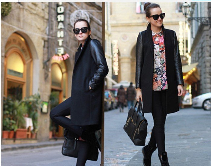 ladies' autumn new coat western style fashion outerwear black brown long wool coat pu leather sleeve free shipping