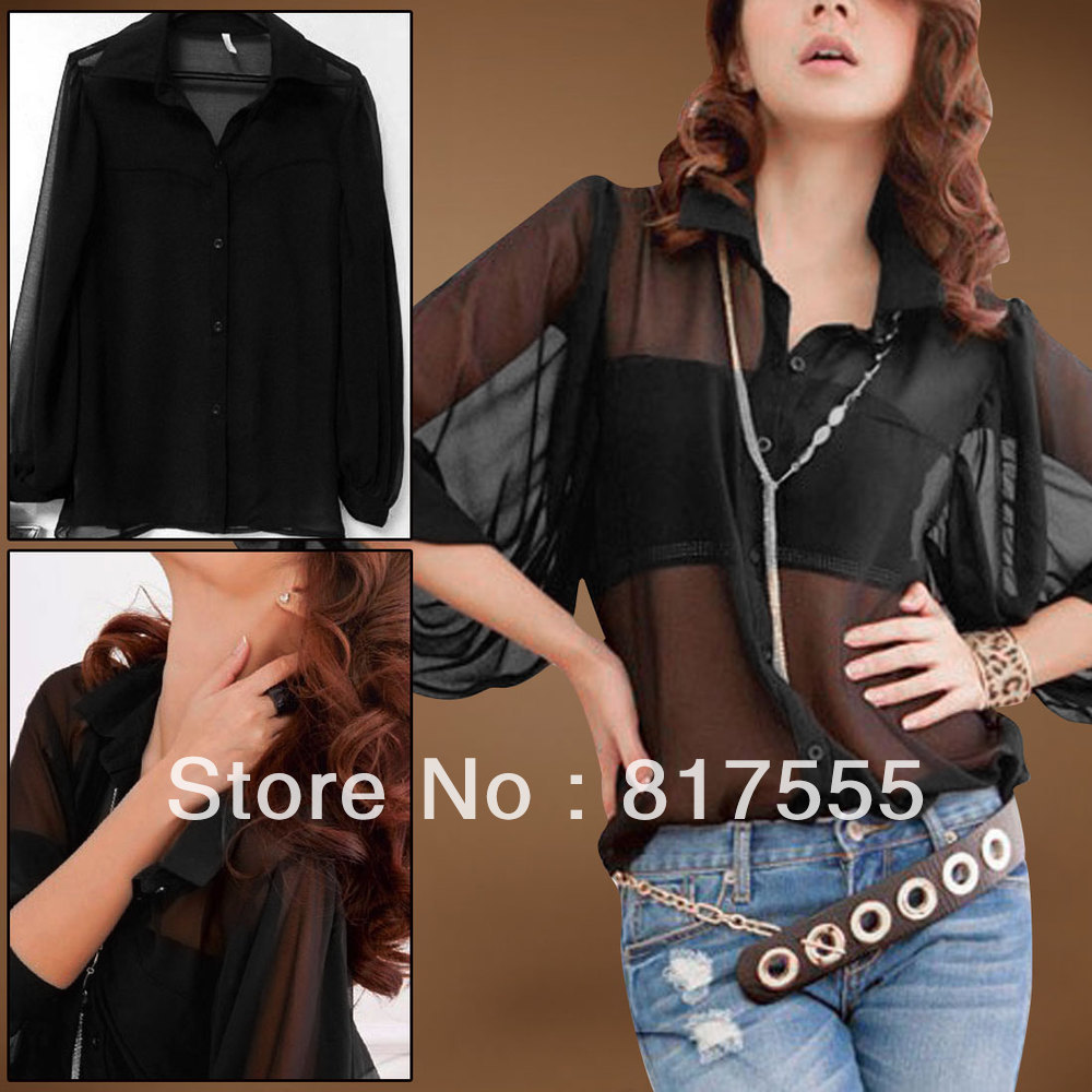 Ladies Black Point Collar Semi Sheer Button-up Casual Chiffon Top Blouse