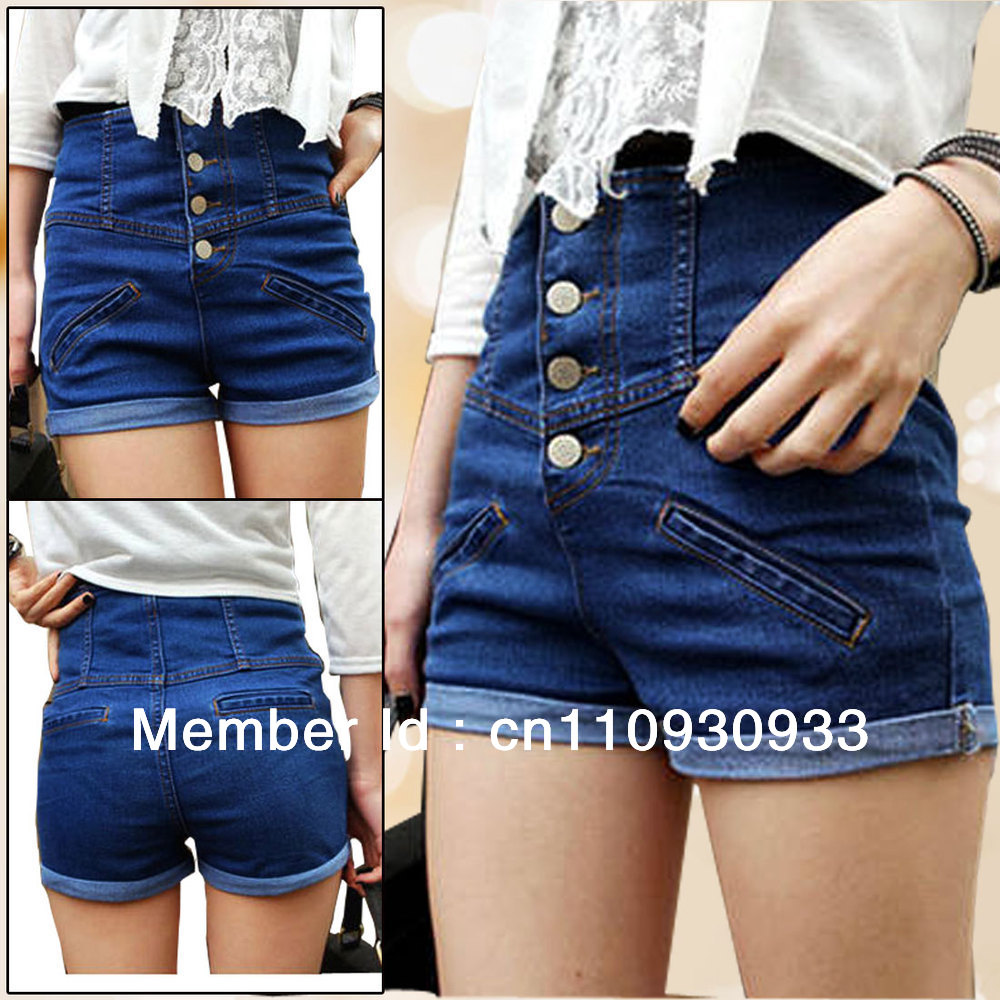 Ladies Blue High Rise Decorative Pocket Back Button Closure Shorts