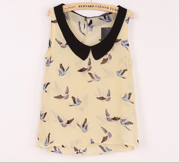 ladies' chiffon blouse women's  fashion shirt bird printed blouses sleeveless female peter pan collar tank top free shipping
