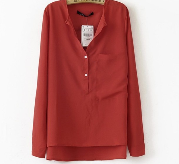 ladies' chiffon blouse  women's  fashion shirt v neck sexy transparent blouses with pocket 5 colors bright colored