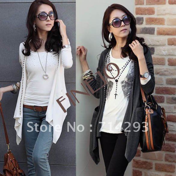 ladies coat fashion long coat,autumn outerwear rivet cardigan free shipping wholsale Black, White, Dark Gray3309