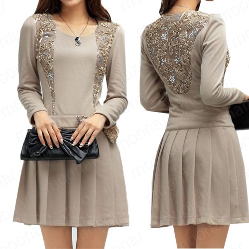 Ladies Crewneck Bowknot mini Slim Career Pleated Dress Casual Party Fall Winter  E0885