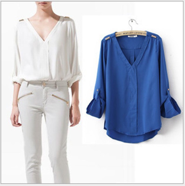 Ladies' fashion blue black white blouse women's long sleeve brief chiffon shirt v neck handsome rivet top free shipping