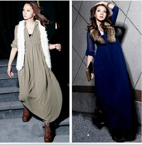 ladies' fashion chiffon dress women's long sleeve maxi dress spring v-neck long skirt 2012 new arrival free shipping