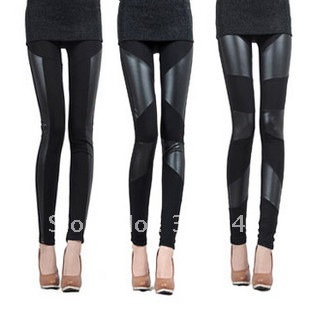 ladies  fashion Faux leather leggings Lace patchwork legging female black trousers  pantyhose free shipping