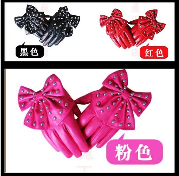 ladies' fashion leather gloves big bowknot imitation leather gloves XC-18 3 colours