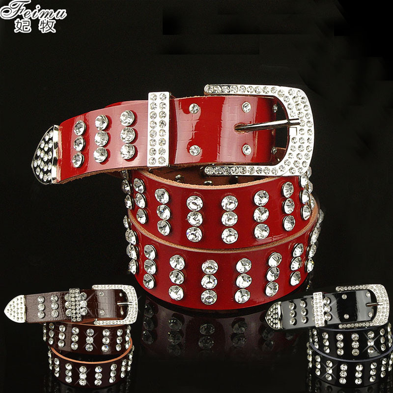 ladies genuine leather belt crocodile pattern japanned leather belt women's diamond strap cowhide pin buckle rhinestone belt