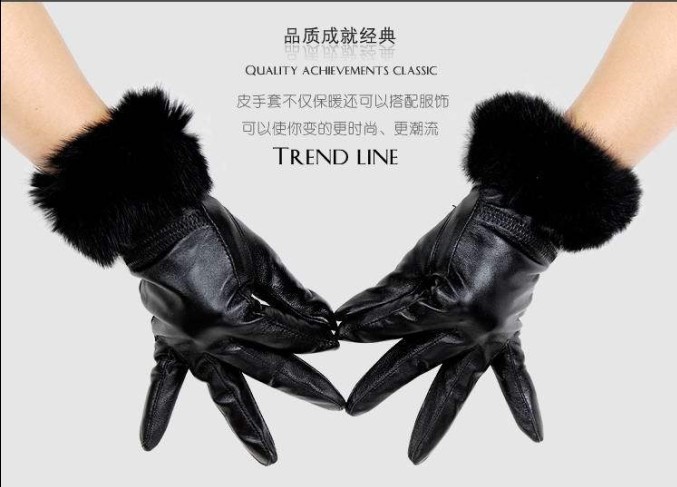 Ladies' genuine leather gloves, fashion rabbit fur leather golove winter warm thicker sheep leather glove1010097