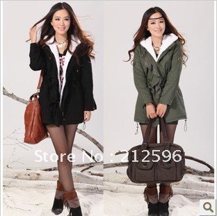 Ladies in long section of thick winter jacket coat army green hooded coat Free Shipping