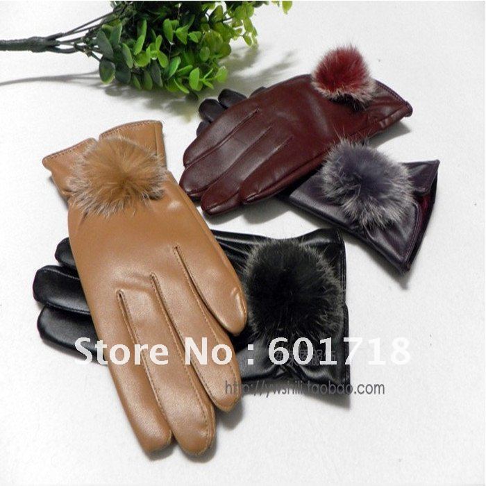 Ladies leather rabbit fur gloves PU leather gloves winter gloves warm mittens whosesale warm gloves free shipping