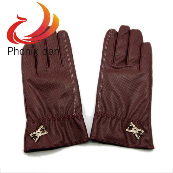 ladies marroon pu leather with bow winter women soft warm women everyday gloves free shipping