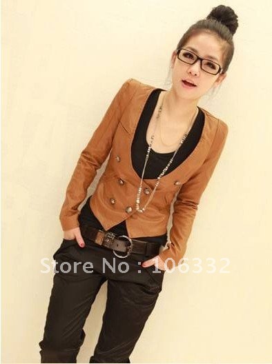 Ladies New Korea Fashion Double-breasted PU Leather Jacket+Free Shipping+Quality Guarantee