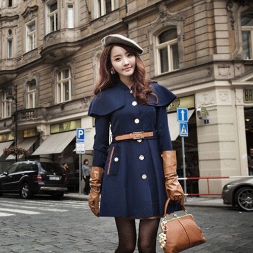 Ladies New Single-Breasted Cape Wool Coat Jacket Outwear Navy With Belt Dust coat