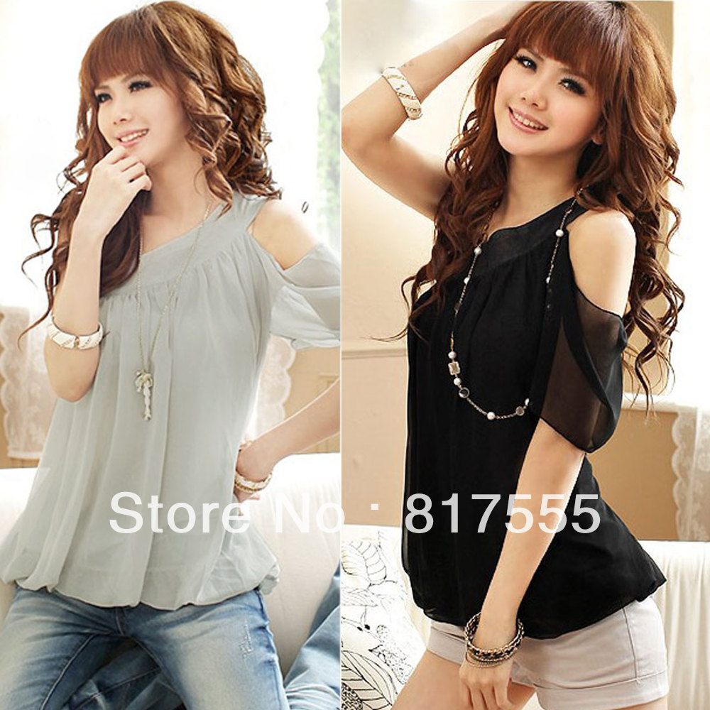 Ladies Pale Gray One Cut Out Shoulder Semi Sheer Casual Chiffon Top Blouse XS