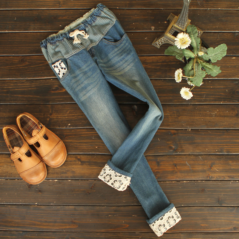ladies pants - 2013 elastic waist stripe patchwork crochet roll up hem casual jeans 0225 female